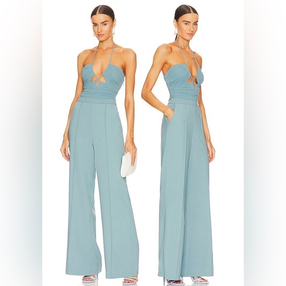 SIMKHAI Gala Plissé Detail Blue Halter Wide Leg Jumpsuit US 6 NWOT